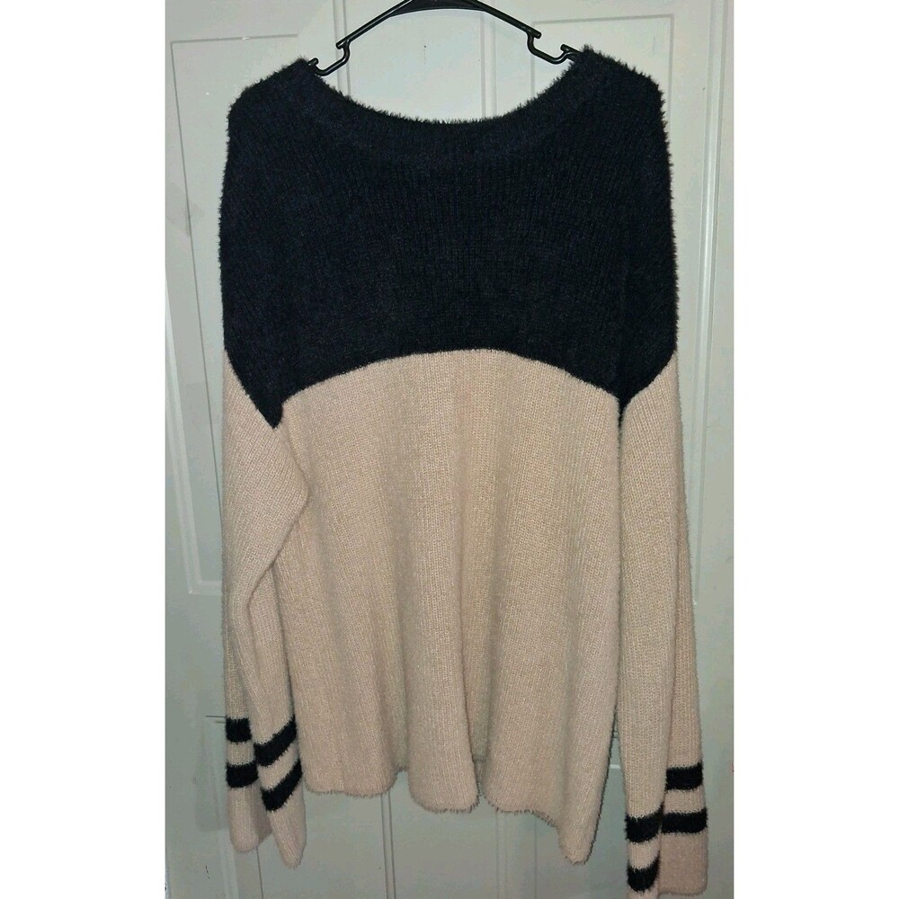 Knox Rose Women's XL Fuzzy Knit Sweater Tan Black Soft Cozy Boho Pullover